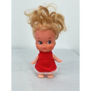 Vintage 1960s Kewpie Style Vinyl Doll With Big Head & Red Dress 6 Inches